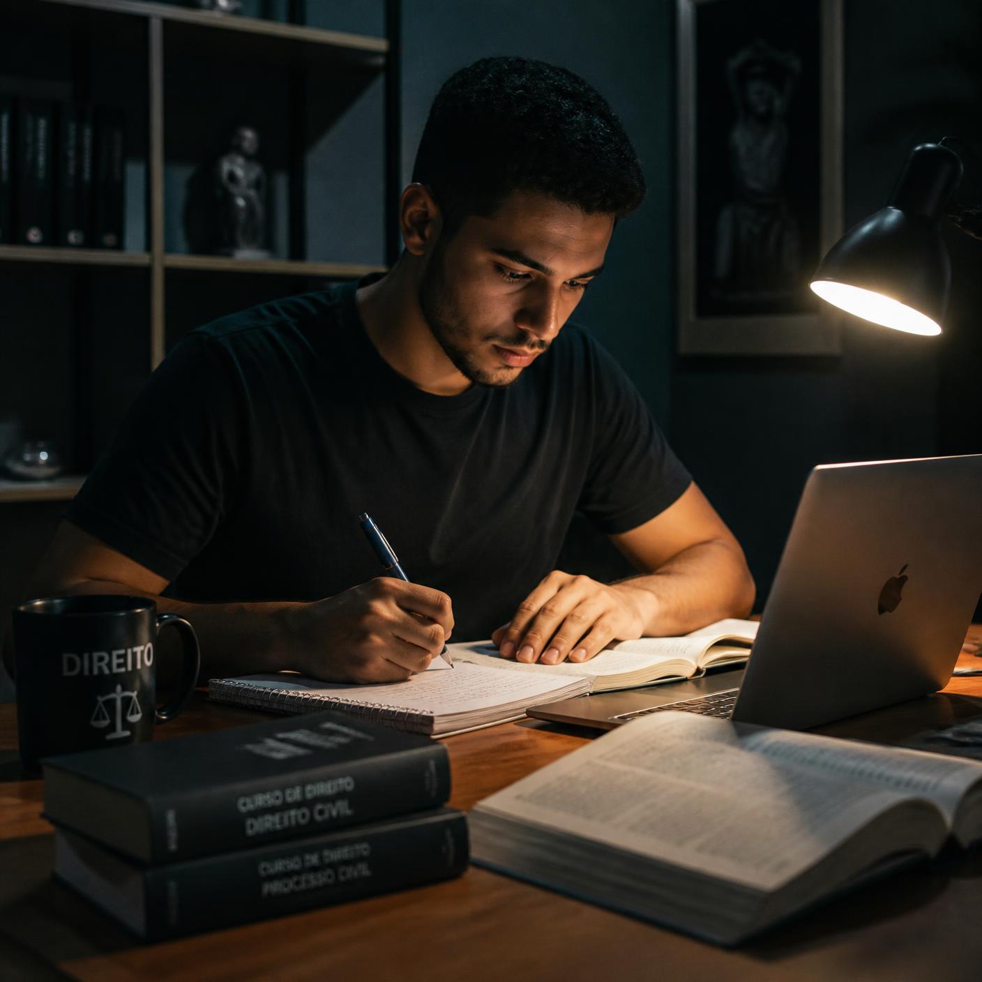 Candidato estudando à noite com foco, cercado de livros e caderno