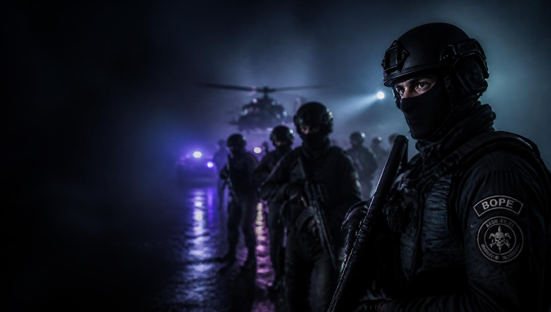 Equipe de operações especiais em formação, atmosfera noturna e tática