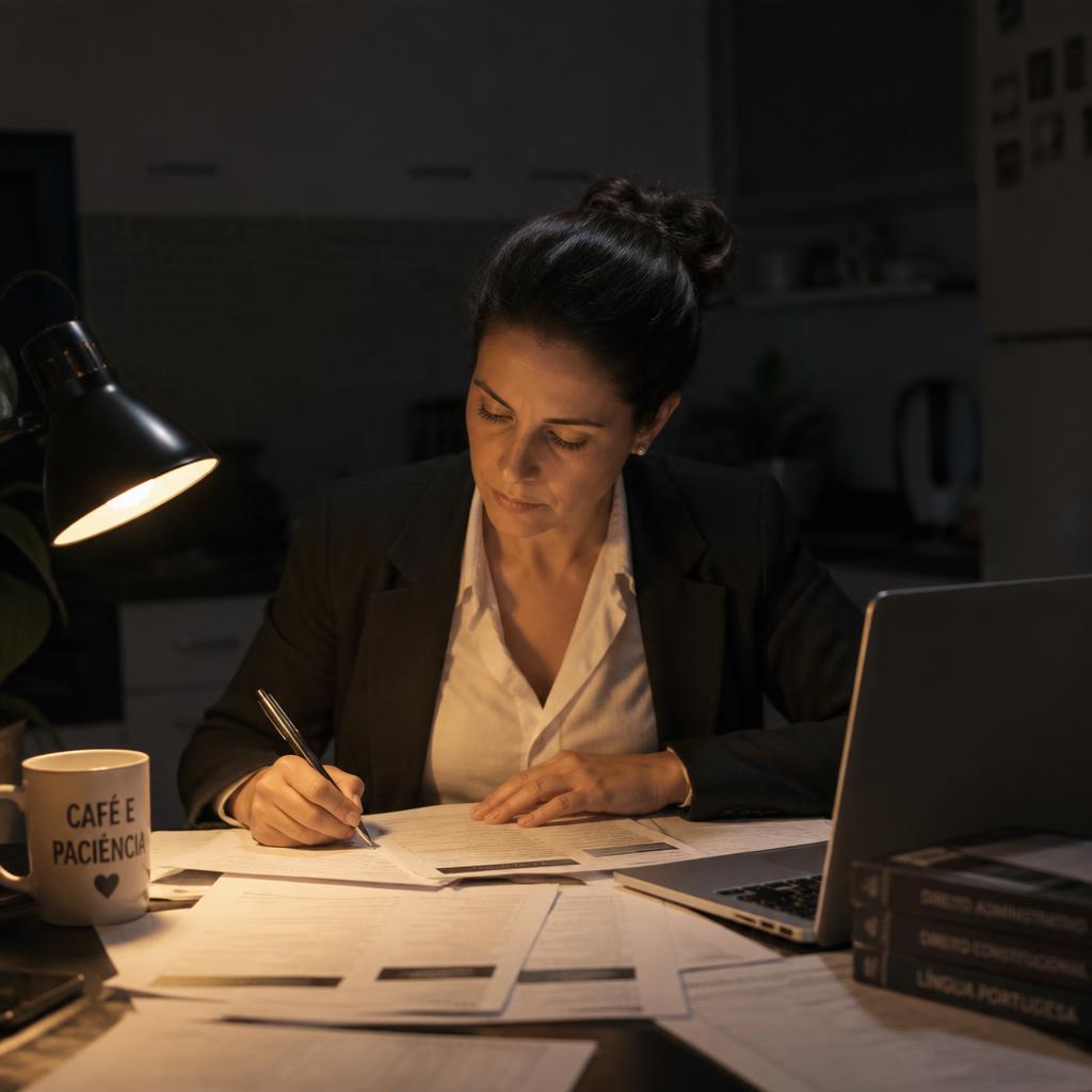 Candidata estudando à noite na mesa da cozinha depois do trabalho