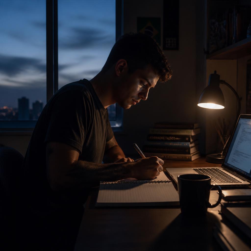 Candidato estudando antes do amanhecer com luz baixa e caderno aberto