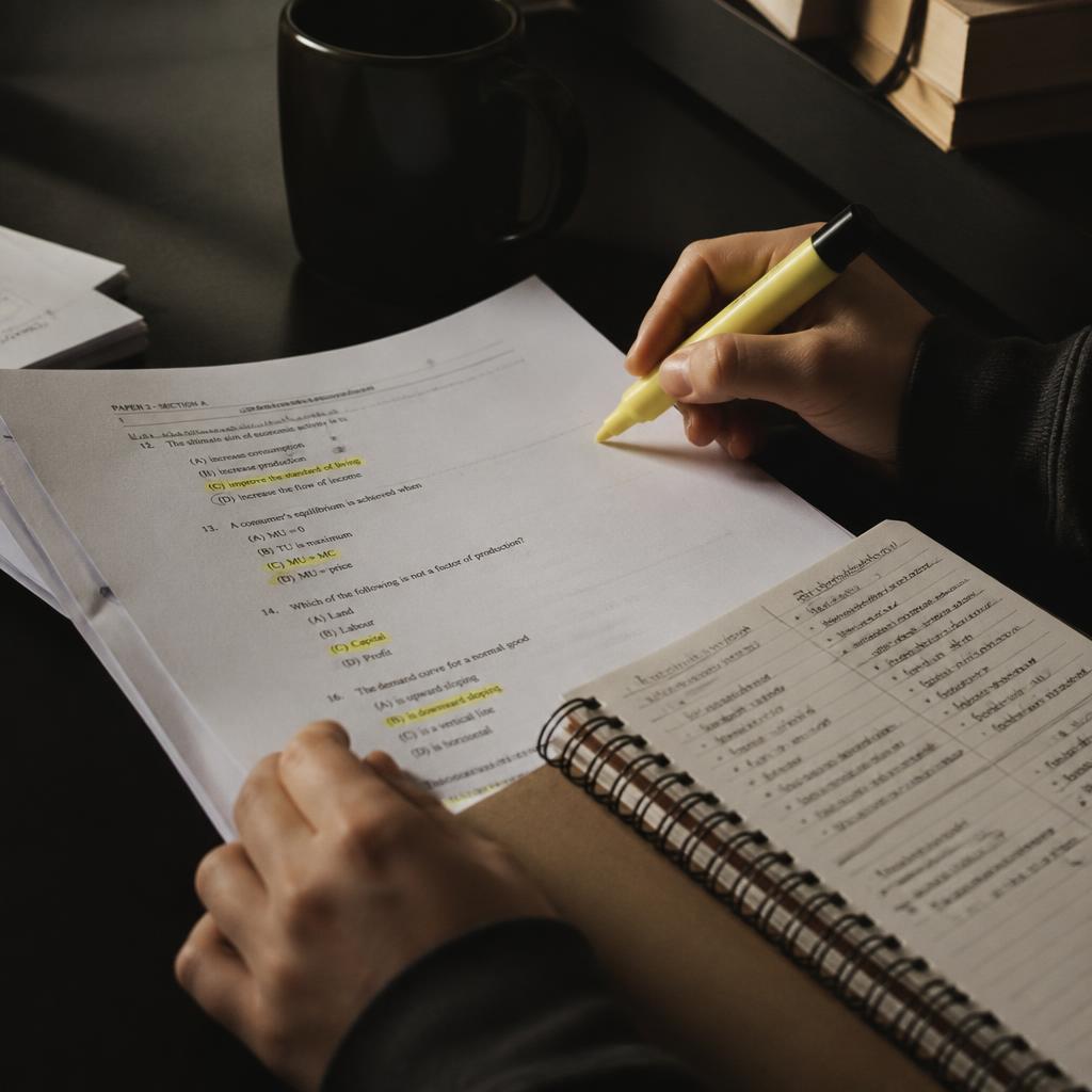 Mãos revisando questões impressas com marca-texto e caderno de resumo